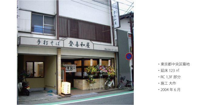 手打ちそば登喜和屋, 東京都中央区築地, 延床 123㎡, RC造/地上1階及び3階部分, 施工 大作, 平成16(2004)年6月